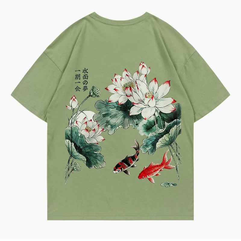 MODAKAWA Flower Fish Print Loose Summer Short Sleeve T-Shirt - Olive Green - 5XL - image 7
