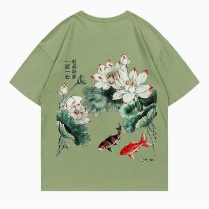 MODAKAWA Flower Fish Print Loose Summer Short Sleeve T-Shirt - Olive Green - 5XL - image 7