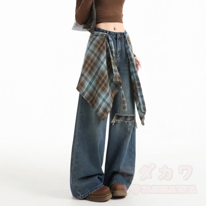 Vintage Wide Leg Ripped Jeans with Plaid Strap - image 3