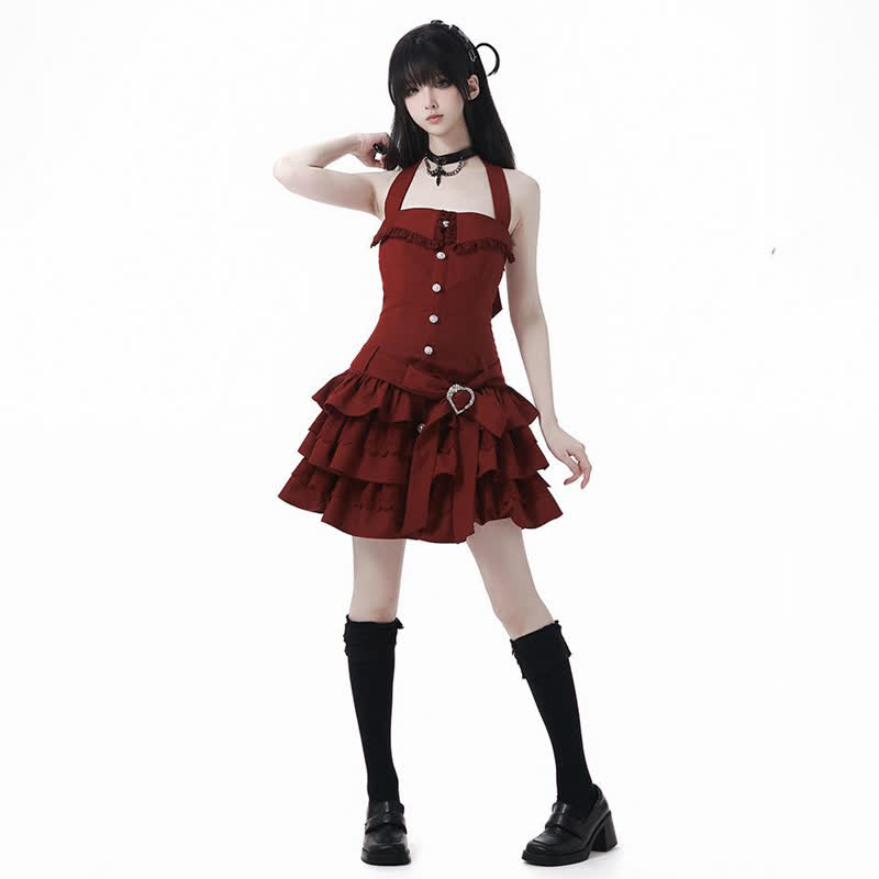 Gothic Ruffle Lace Knit Crop Cardigan Tiered Ruffle Dress Two Pieces Set  - Red Dress - XL - image 8