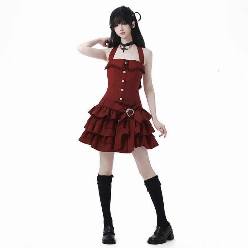 Gothic Ruffle Lace Knit Crop Cardigan Tiered Ruffle Dress Two Pieces Set  - Red Dress - XL - image 8
