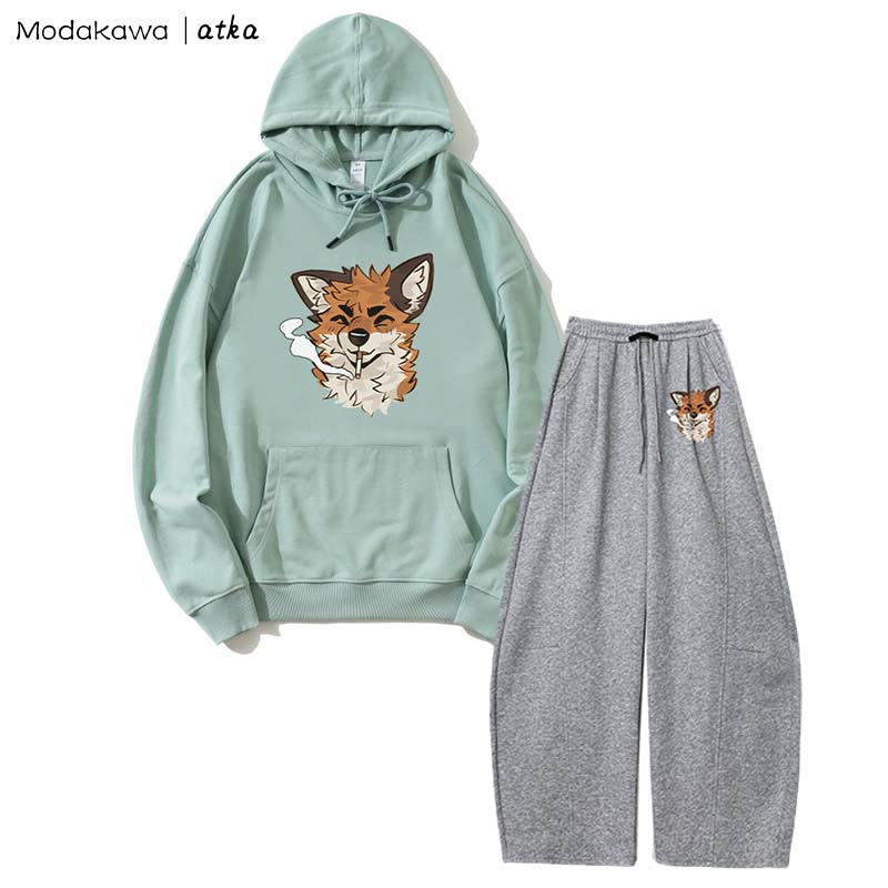 MODAKAWA X atka Fox Smoking Graphic Hoodie Wide Leg Pants Two Pieces Set - Green&Dark Grey - 5XL - image 6