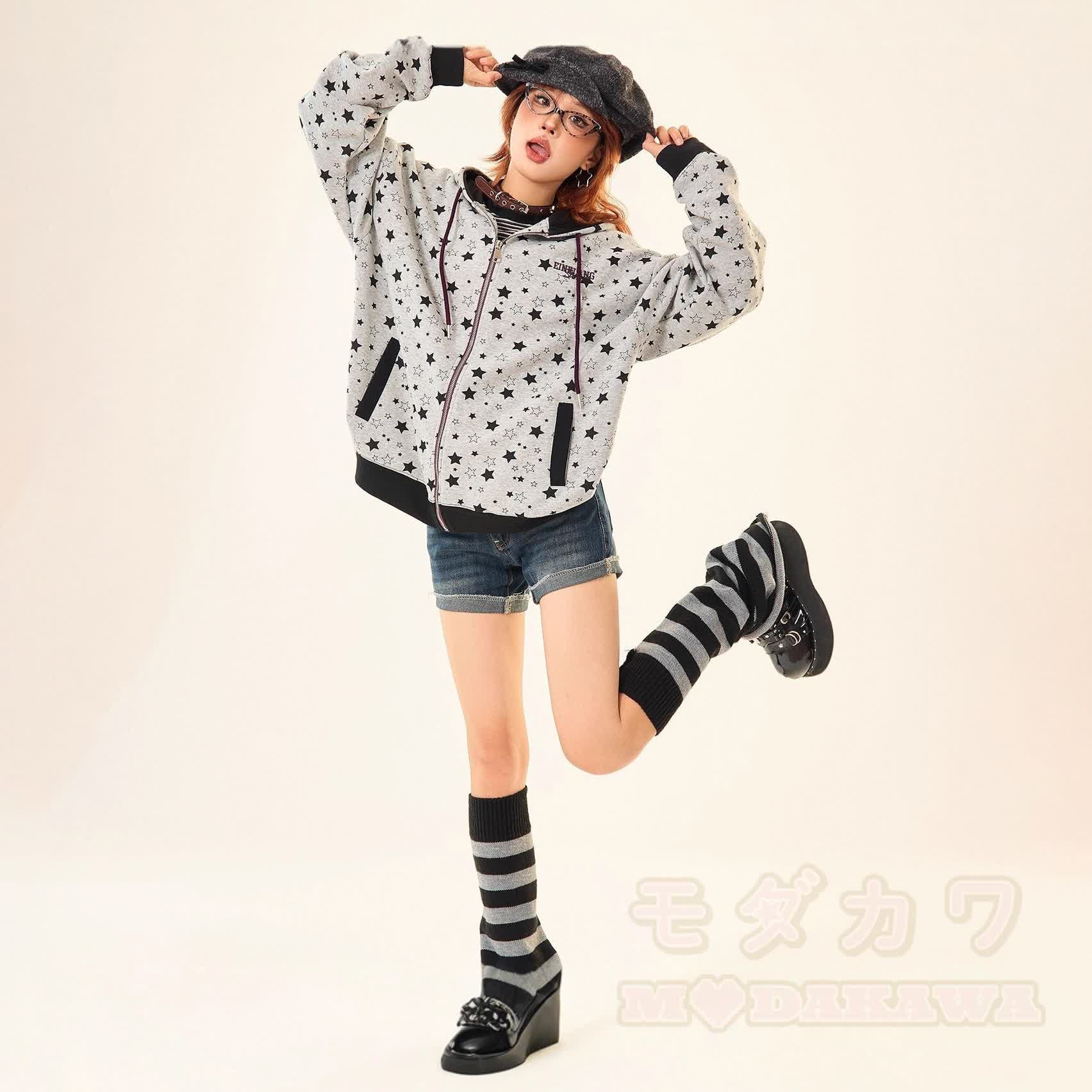 Vintage Star Print Gray Zip Up Hooded Sweatshirt - image 5