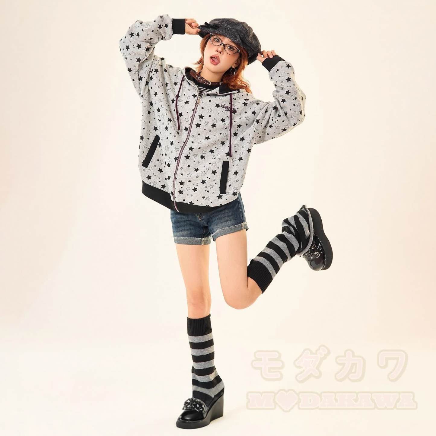 Vintage Star Print Gray Zip Up Hooded Sweatshirt - image 5