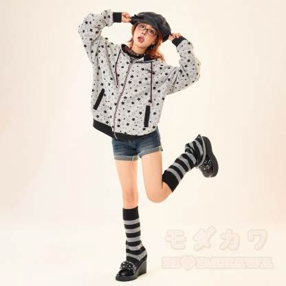 Vintage Star Print Gray Zip Up Hooded Sweatshirt - image 5