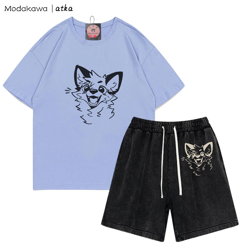 MODAKAWA X atka Cheerful Fox Graphic T-shirt Vintage Washed Shorts Two Pieces Set - Lavender Blue&Black - 3XL - image 8
