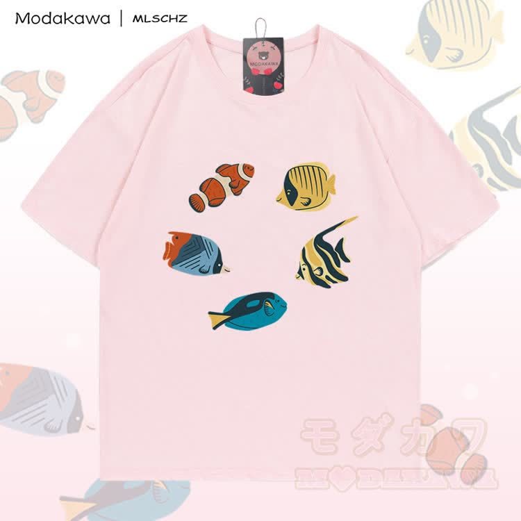 MODAKAWA X MLSCHZ Fish Graphic 100% Cotton T-shirt Gradient Shorts Matching Outfit - Light Pink T-shirt - 5XL - image 6