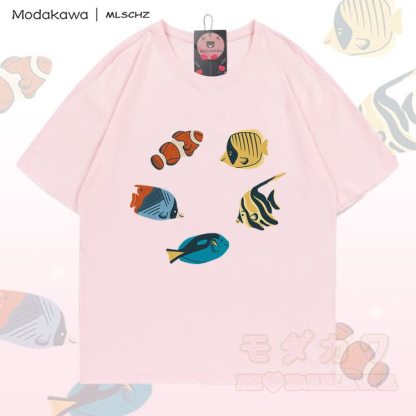 MODAKAWA X MLSCHZ Fish Graphic 100% Cotton T-shirt Gradient Shorts Matching Outfit - Light Pink T-shirt - 5XL - image 6