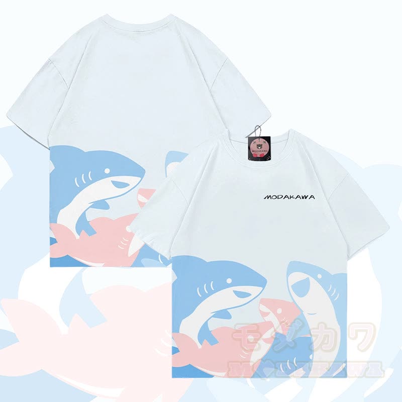 MODAKAWA Funny Shark Graphic All Over Print T-shirt - White - 5XL - image 4