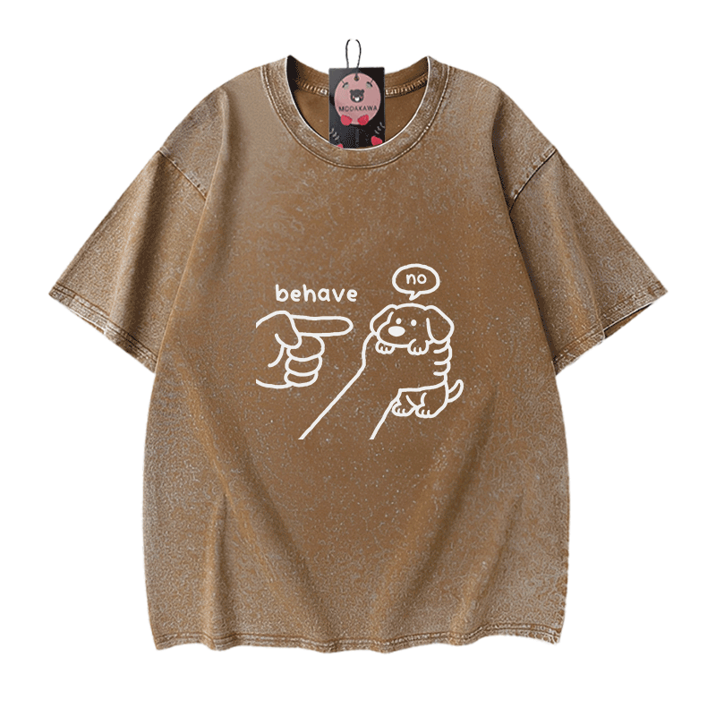 BEHAVE NO Puppy Graphic Modakawa Vintage Washed 100% Cotton T-shirt - Brown - 5XL - image 7