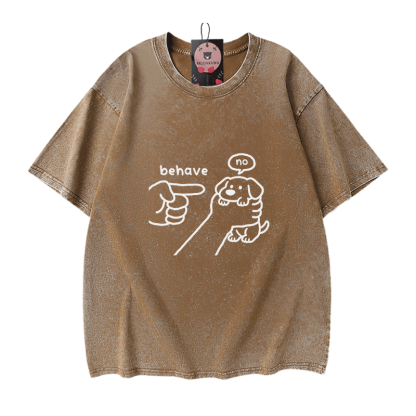 BEHAVE NO Puppy Graphic Modakawa Vintage Washed 100% Cotton T-shirt - Brown - 5XL - image 7