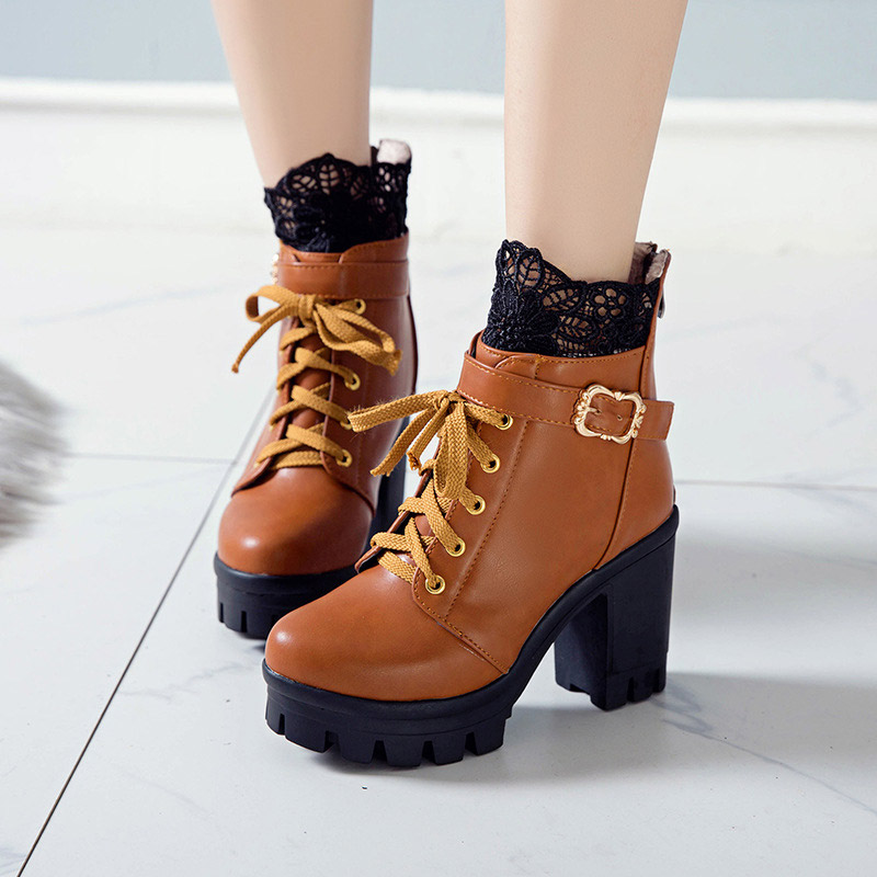Lace Buckle Lace-Up High Heel Boots - image 8