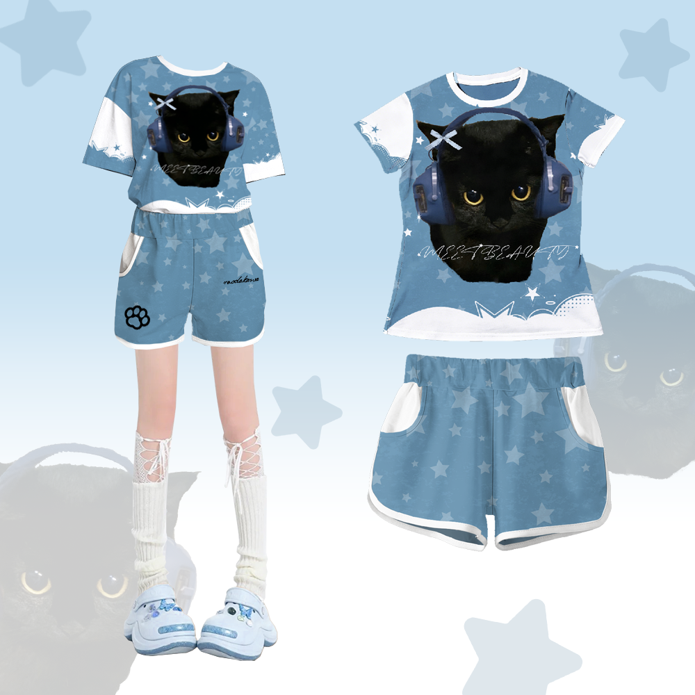 Black Cat Headphones Graphic T-shirt Shorts Modakawa Matching Outfit - Set B - 5XL - image 2