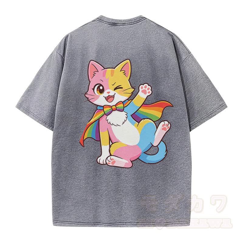 Cute Rainbow Cat Graphic Modakawa Vintage Washed 100% Cotton T-shirt - image 4
