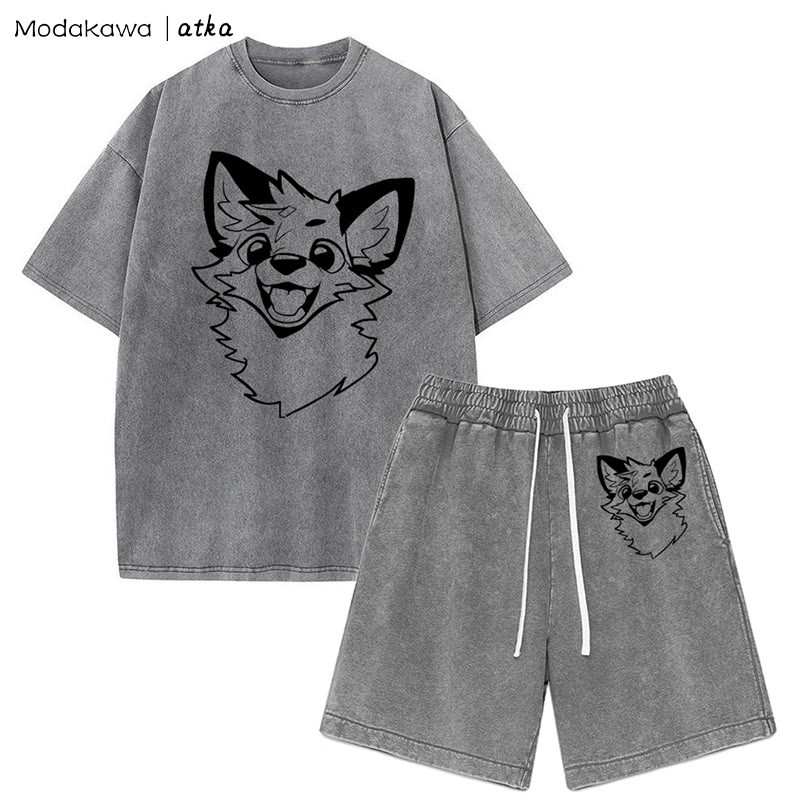 MODAKAWA X atka Fox T-shirt Vintage Washed Shorts Two Pieces Set - Grey - 3XL - image 6