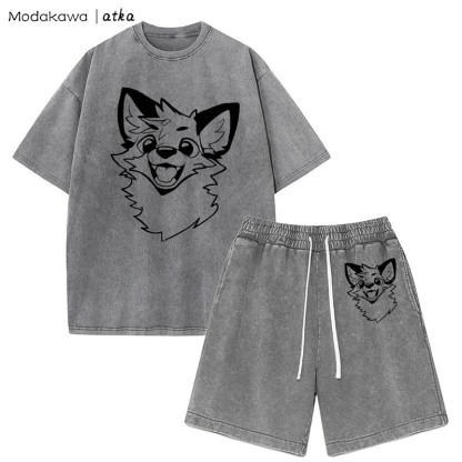 MODAKAWA X atka Fox T-shirt Vintage Washed Shorts Two Pieces Set - Grey - 3XL - image 6