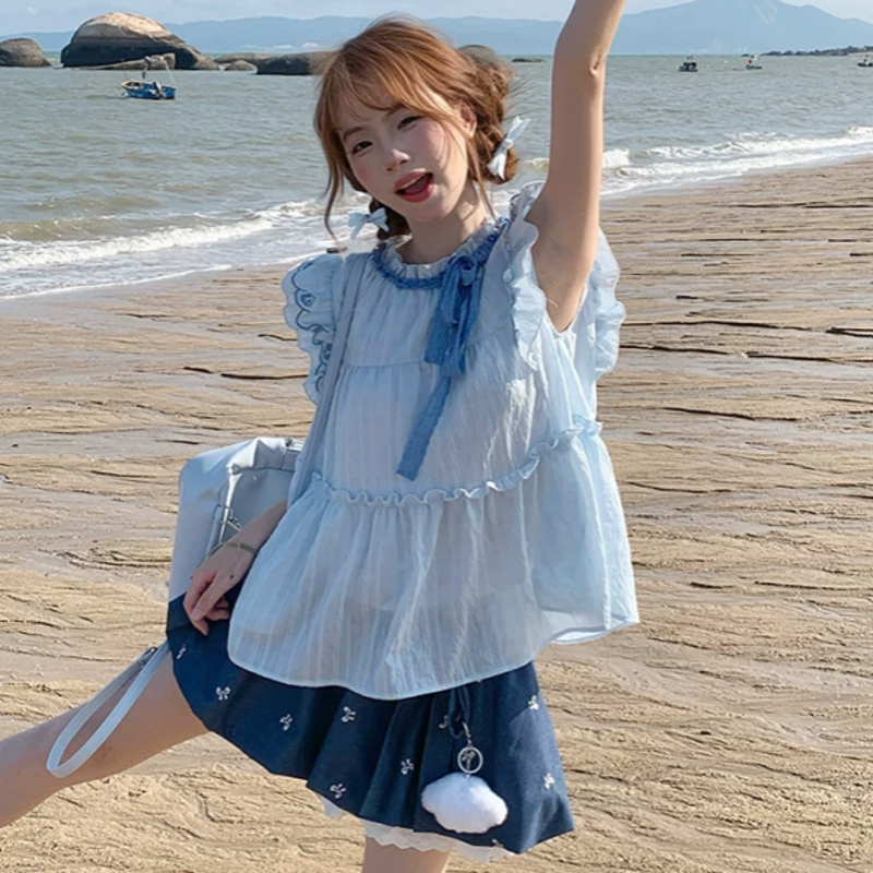 Sweet Ribbon Flutter Sleeve Blouse Bow Print Ruffle Skirt Two Pieces Set - image 5