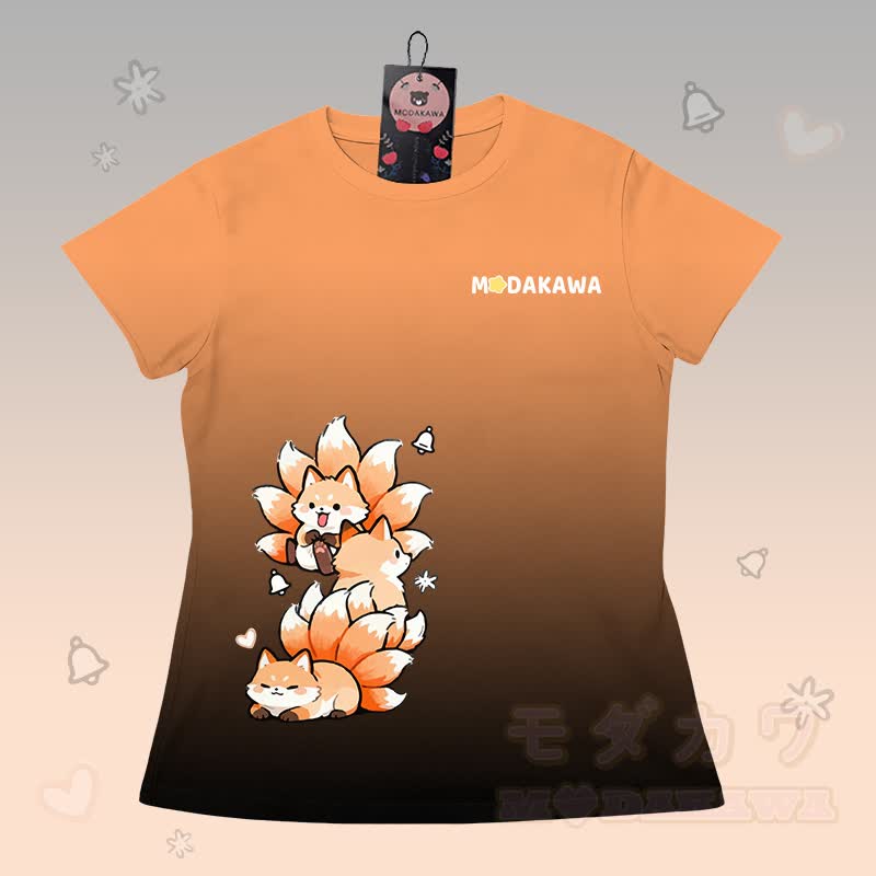 Gradient Nine-tailed Fox Graphic T-shirt Letter Graphic Shorts Modakawa Matching Outfit - Orange & Black T-shirt - 5XL - image 4