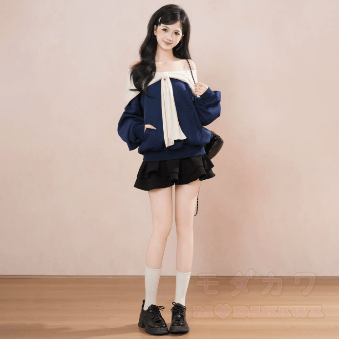 Off-Shoulder Navy Blue Sweatshirt - image 4