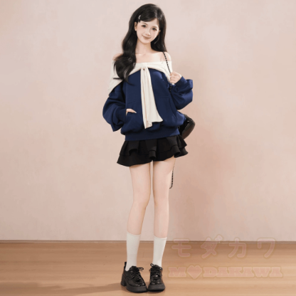 Off-Shoulder Navy Blue Sweatshirt - image 4