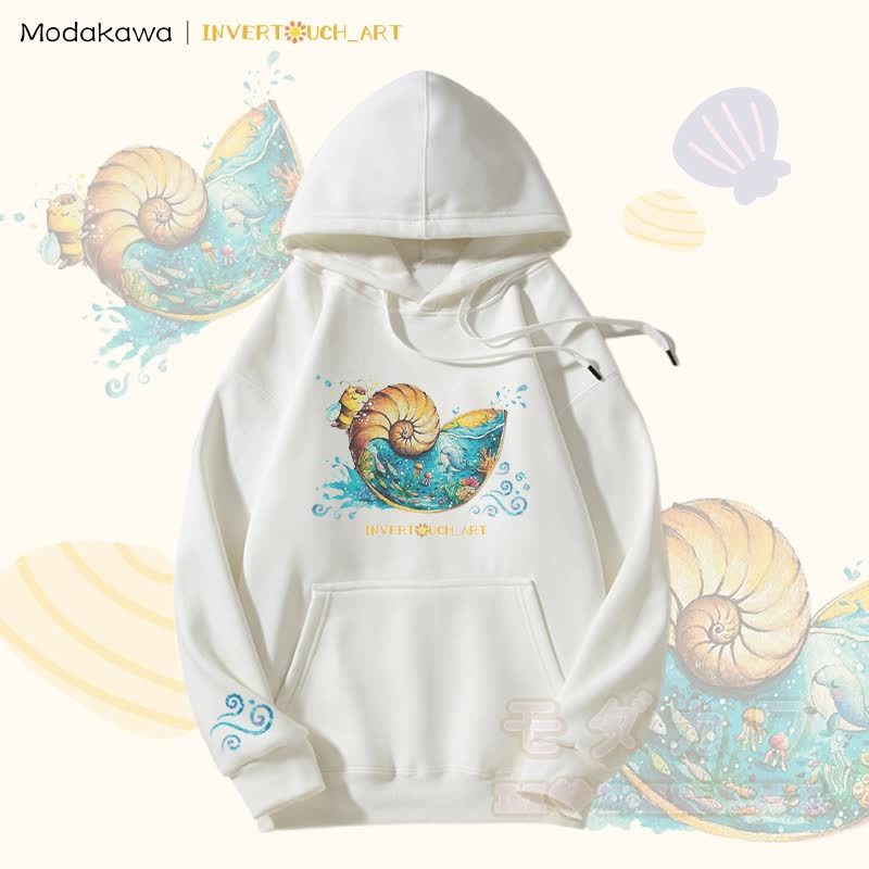 MODAKAWA X  INVERTOUCH_ART Seashell Bee Graphic Fleece Lined Hoodie - White - 5XL - image 3