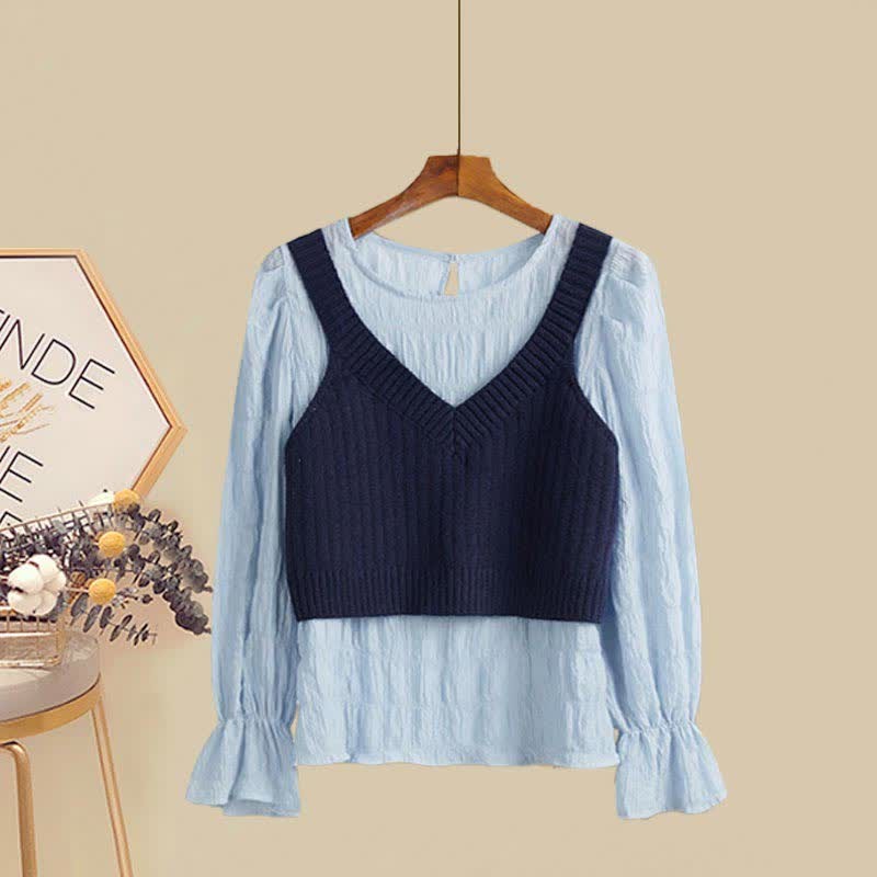 Pure Color Vest Shirt High Waist Fishtail Denim Skirt Matching Outfit - Blue Shirt+Vest - XL - image 6