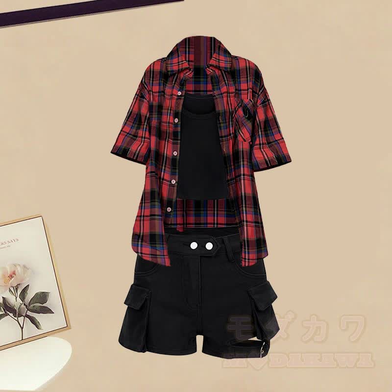 Plaid Shirt Black Tank Top Denim Shorts Leg Warmers Matching Outfit - Plaid Shirt+Black Tank Top+Denim Shorts - XL - image 6