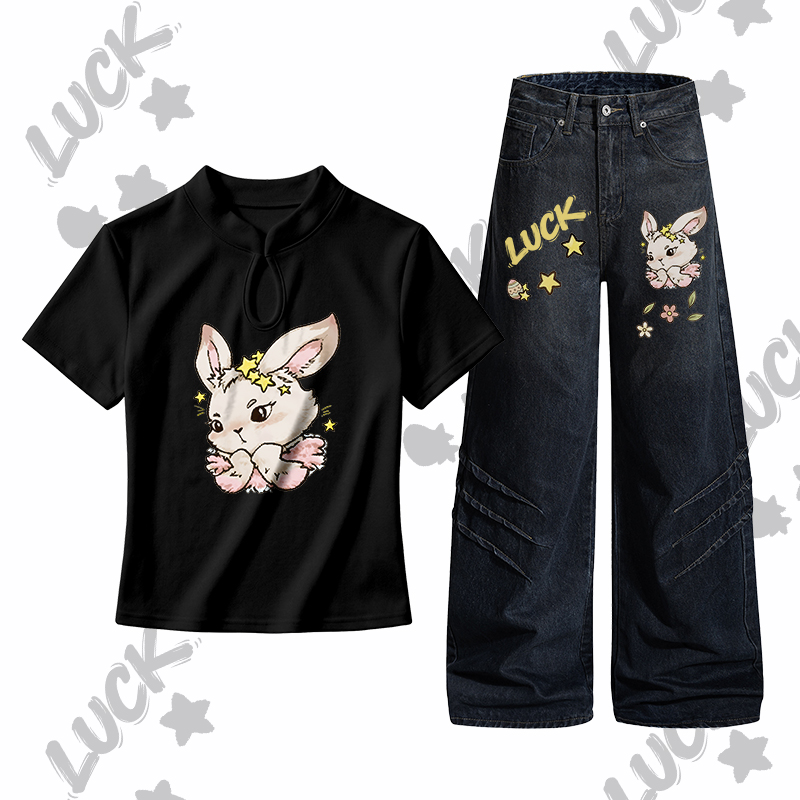 Bunny Easter Graphic Buckle T-shirt Denim Pants Modakawa Two Pieces Set - Set B - L - image 2