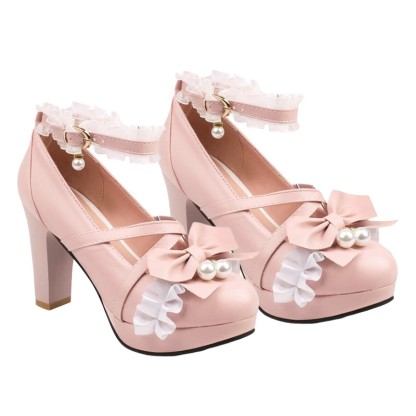 Bow Decor Lace Round Toe Chunk Heel Mary Janes Shoes - Pink - 46 - image 4