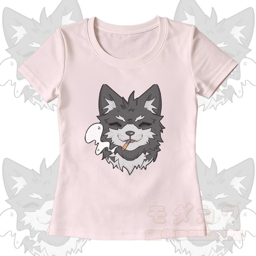 Smoking Wolf Graphic U-Neck T-shirt Wide Leg Pants Matching Outfit - Light Pink T-shirt - XL - image 4