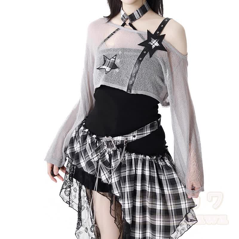 Gothic Sheer Mesh Top Plaid Dress Two Pieces Set - image 5