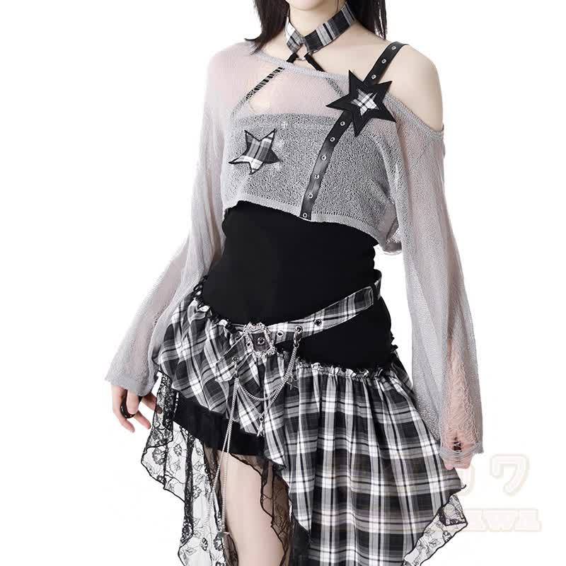 Gothic Sheer Mesh Top Plaid Dress Two Pieces Set - image 5