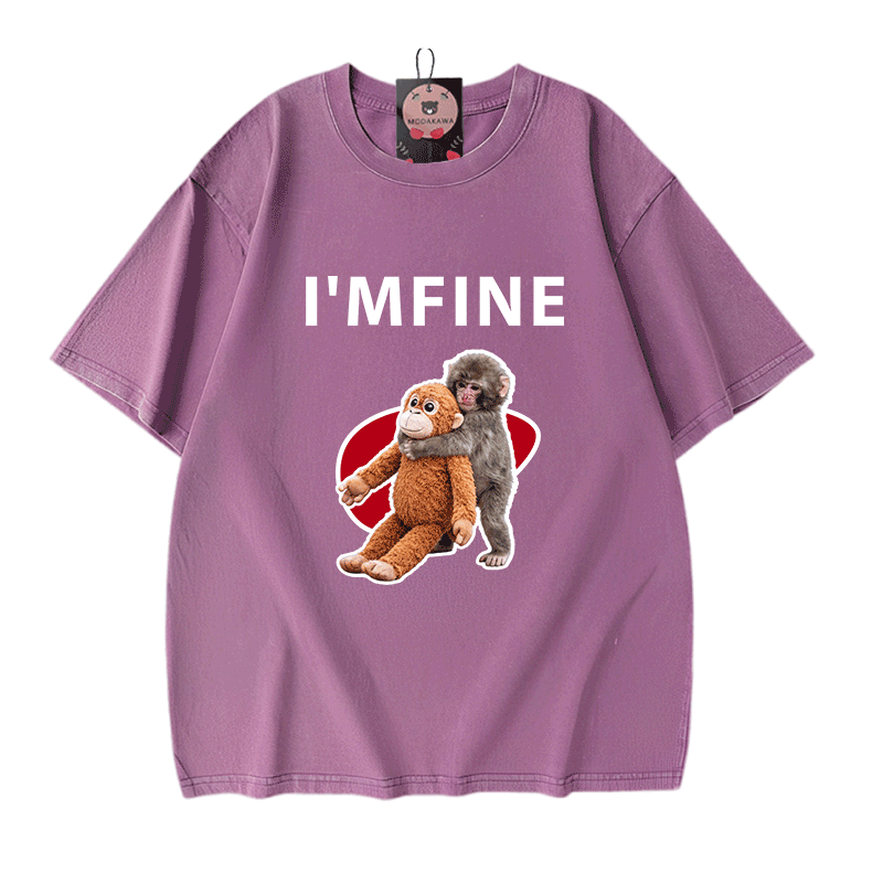 I'M FINE Monkey Graphic Modakawa Unisex Vintage Washed T-shirt - Purple - 5XL - image 4