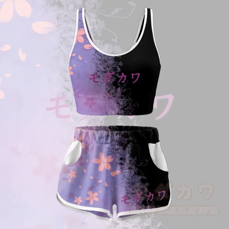 Sakura Graphic Crop Tank Sport Top Shorts Bikini Modakawa Matching Outfit - Purple Set - 5XL - image 4