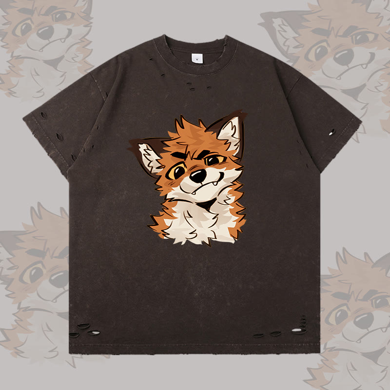 MODAKAWA X atka Funny Fox Graphic Ripped T-shirt - Dark Brown - 2XL - image 3