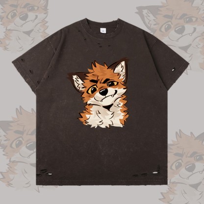 MODAKAWA X atka Funny Fox Graphic Ripped T-shirt - Dark Brown - 2XL - image 3