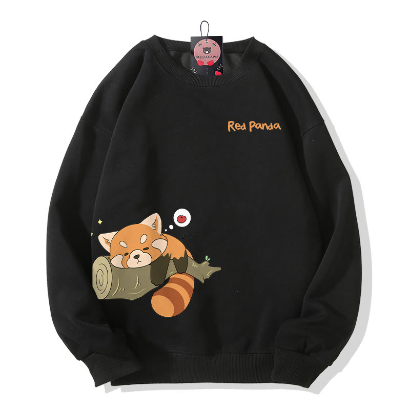 Red Panda Sleeping On Log Graphic Round Collar Sweatshirt - Black - 5XL - image 4