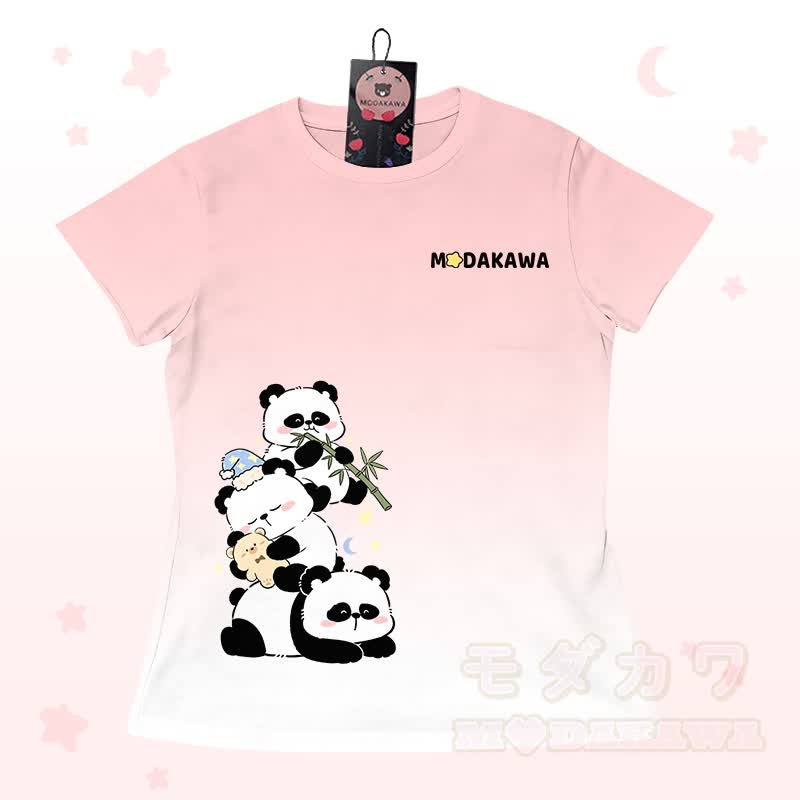 Gradient Panda Graphic T-shirt Letter Graphic Shorts Modakawa Matching Outfit - Pink T-shirt - 5XL - image 5