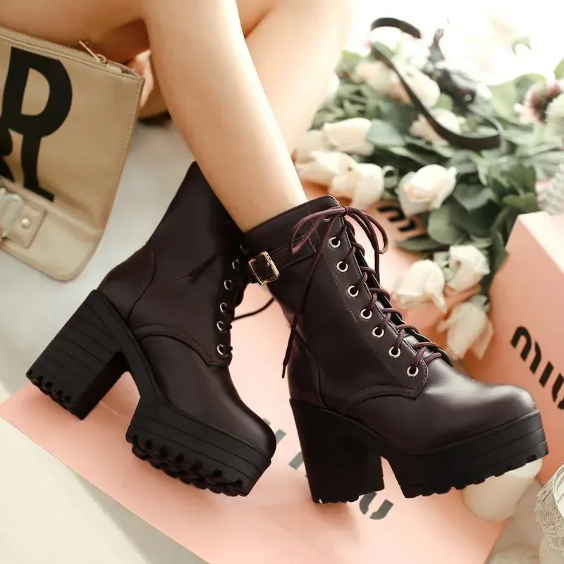 Cosplay Martin Boots Lace-up High Heel - Brown - 43 - image 1