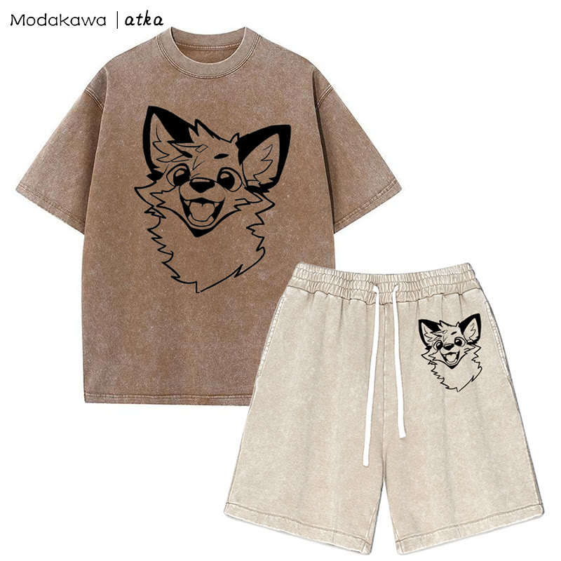 MODAKAWA X atka Fox T-shirt Vintage Washed Shorts Two Pieces Set - Brown&Apricot - 3XL - image 15