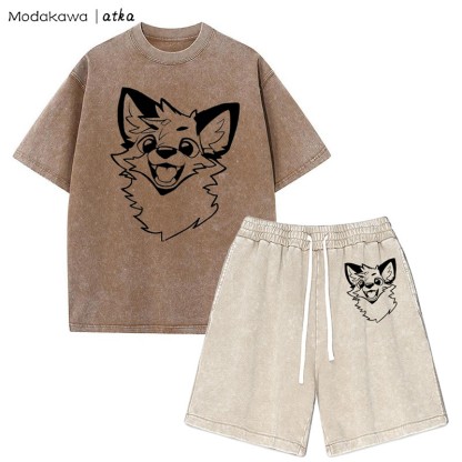 MODAKAWA X atka Fox T-shirt Vintage Washed Shorts Two Pieces Set - Brown&Apricot - 3XL - image 15