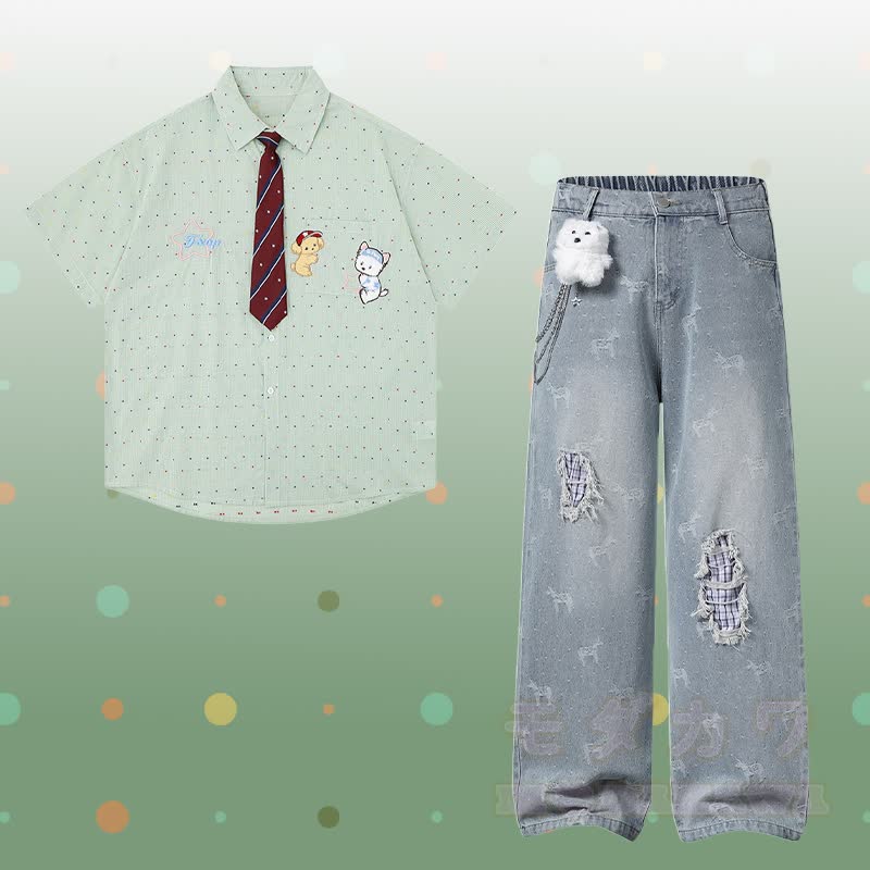 Puppy Embroidery Tie Gingham Shirt 3D Bear Chain Ripped Denim Pants Modakawa Matching Outfit - Set D - XL - image 4