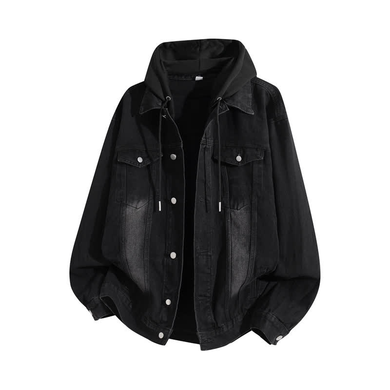 Vintage Casual Fake Two Piece Loose  Hooded Denim Jacket - Black B - 3XL - image 5