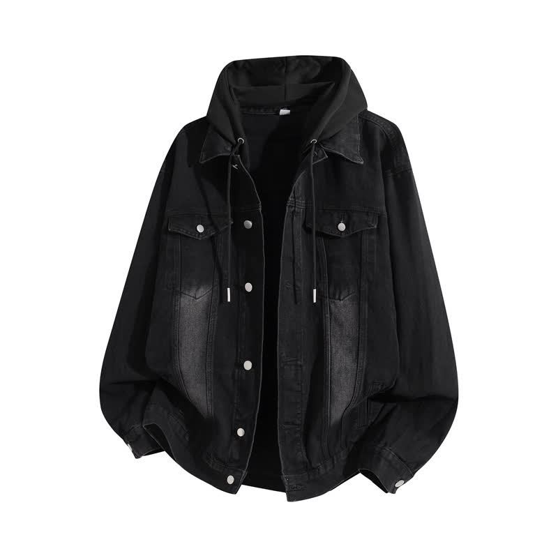 Vintage Casual Fake Two Piece Loose  Hooded Denim Jacket - Black B - 3XL - image 5