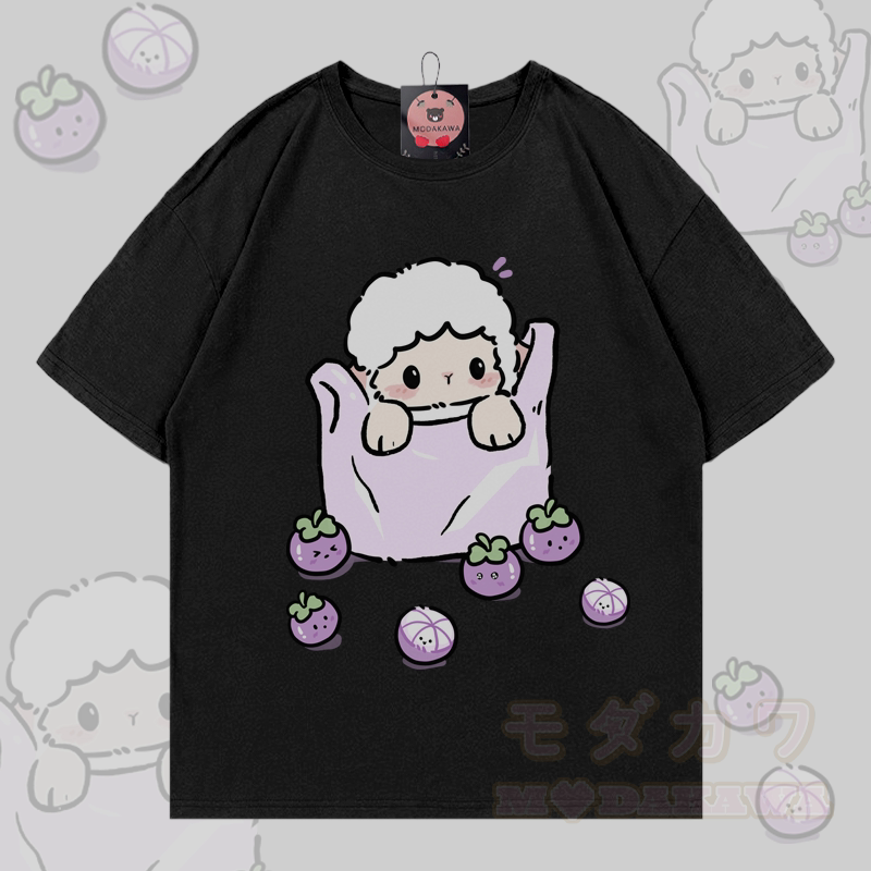 Sheep Blueberry Graphic Modakawa 100% Cotton T-shirt - Black - 5XL - image 3