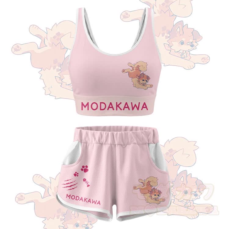 MODAKAWA X popipeko Cute Puppy Graphic Crop Tank Sport Top Shorts Bikini Matching Outfit - Pink Set - 5XL - image 12