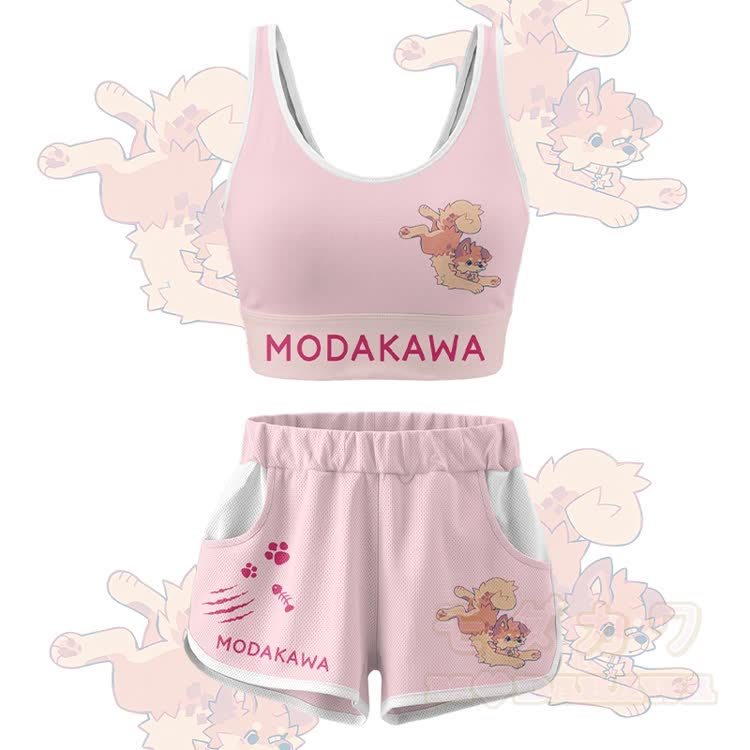 MODAKAWA X popipeko Cute Puppy Graphic Crop Tank Sport Top Shorts Bikini Matching Outfit - Pink Set - 5XL - image 12