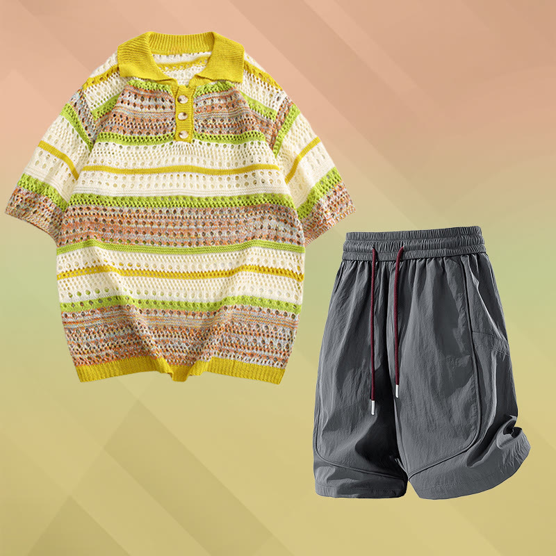 Stripe Open Knit Polo Shirt Quick Dry Drawstring Shorts Modakawa Matching Outfit - Two Pieces Set F - 2XL - image 6