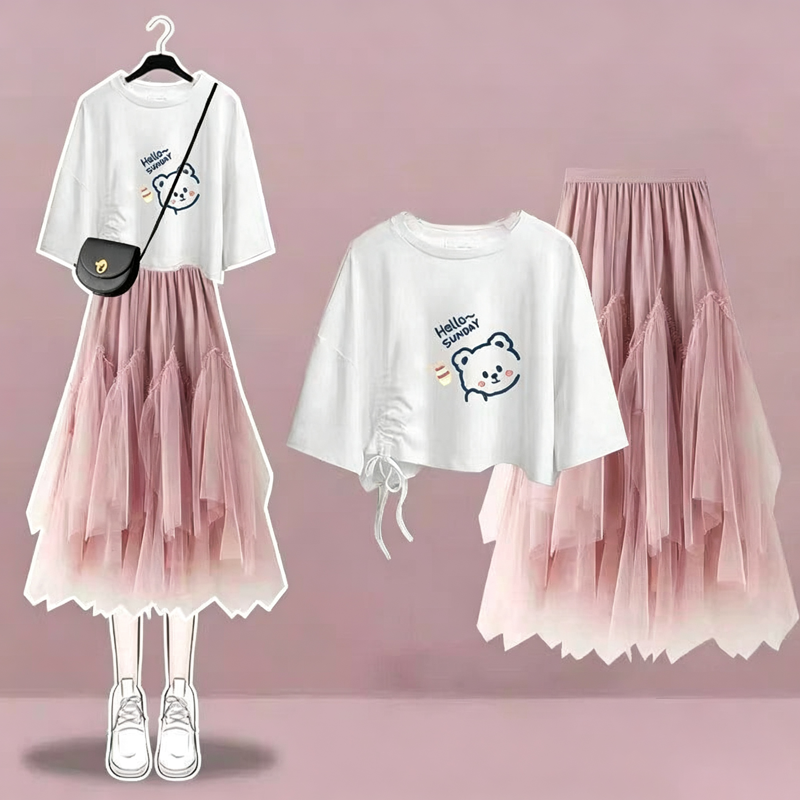  College Style Print Short Sleeve T-shirt Irregular Tulle Skirt Two Pieces Set - Pink Set E - XL - image 10