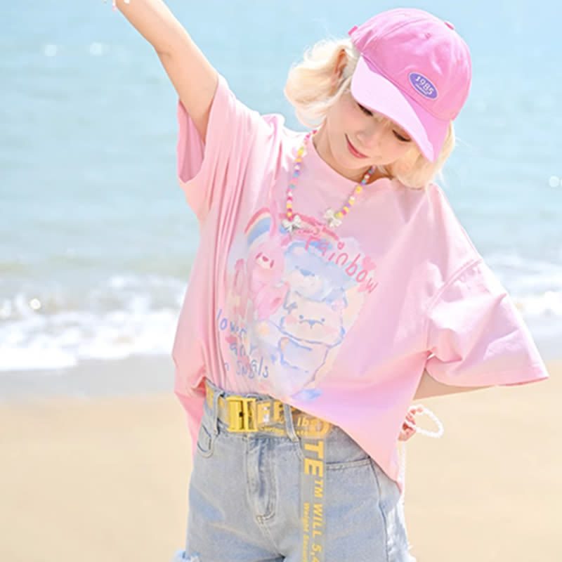 Rainbow Bunny Letter Print Matching Best Friends Loose T-Shirt - image 6